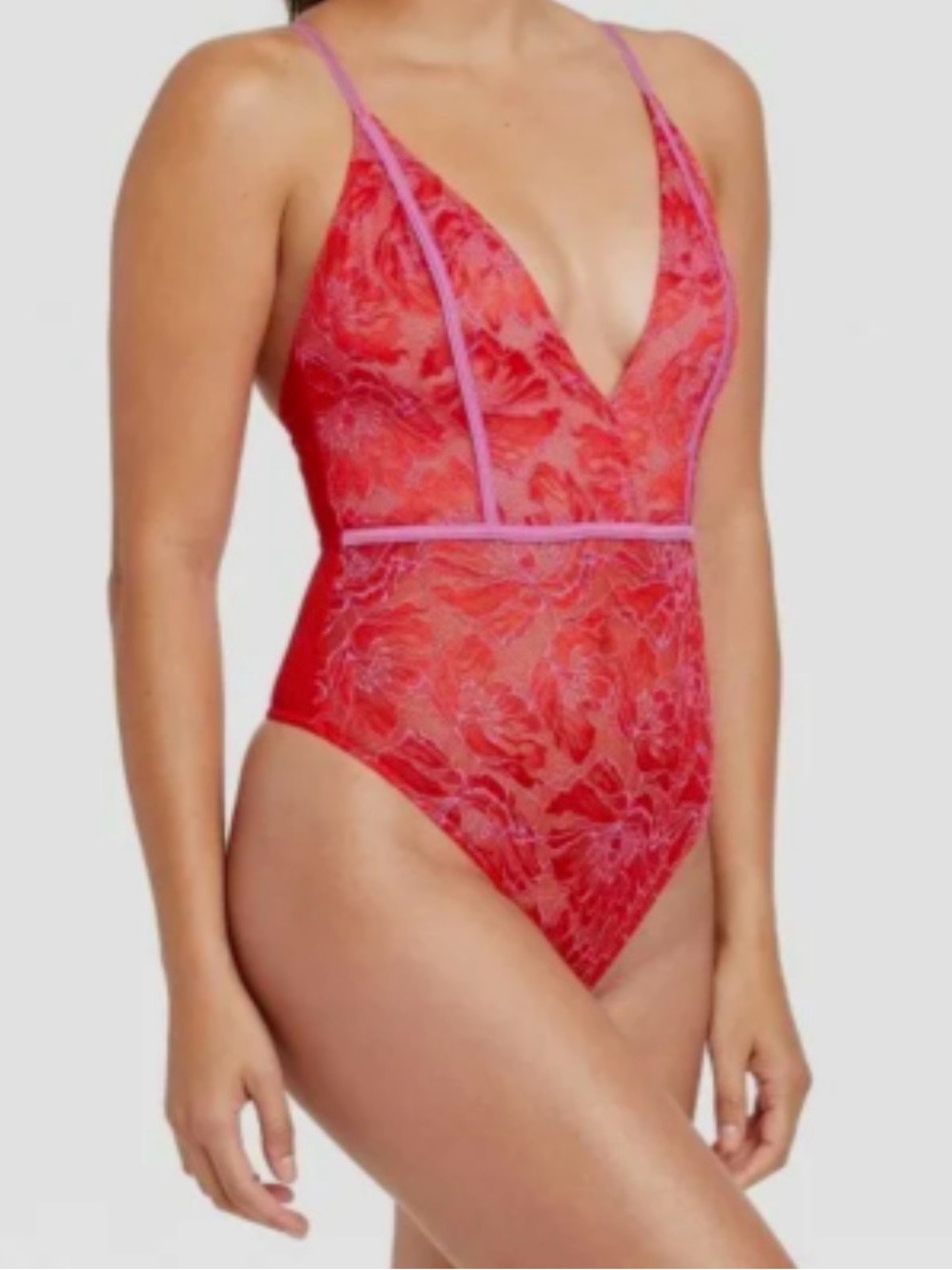 Auden Sheer Red Lace Bodysuit with Pink Trim